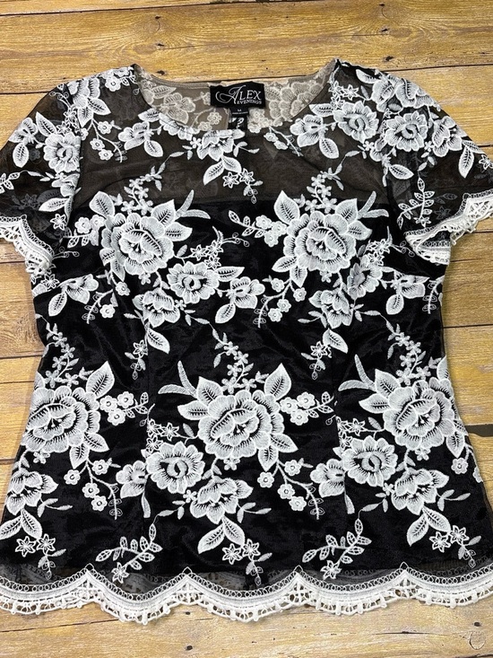 Alex Evenings Tops - Alex Evenings Black Top with White Floral Lace Overlay